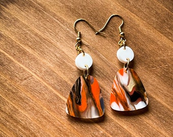 Elegant Asian Inspired Dangle Earrings,  Orange Black White with Gold flurries, Dangle Earrings,Abstract Earrings, Small Gift for Friend
