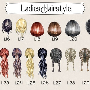 May include: A chart with 30 different hairstyles for women. The hairstyles are numbered L15 through L30. Each hairstyle is illustrated with a drawing of a woman's head and hair.