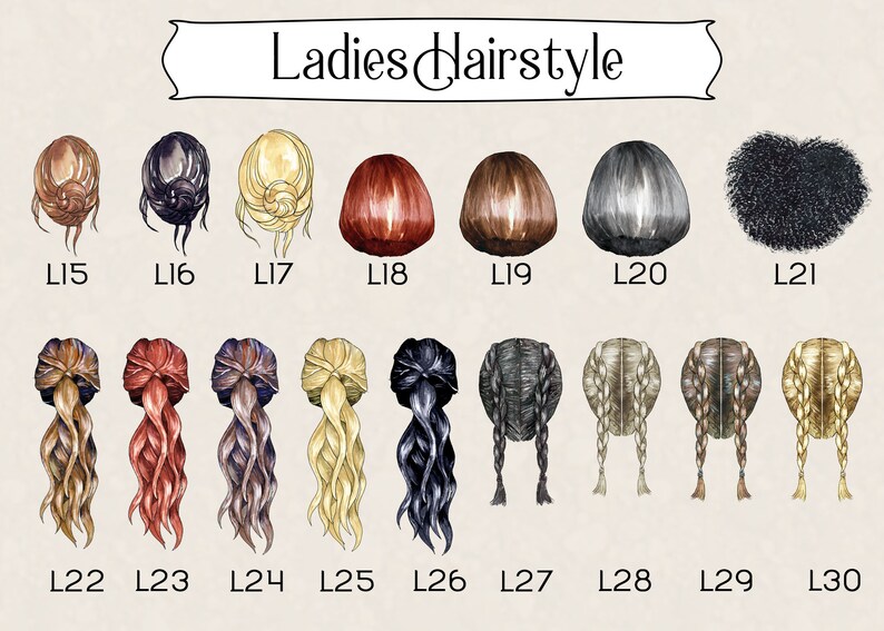 May include: A chart with 30 different hairstyles for women. The hairstyles are numbered L15 through L30. Each hairstyle is illustrated with a drawing of a woman's head and hair.