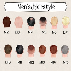 May include: A chart showing 16 different men's hairstyles, labeled M1 through M16.