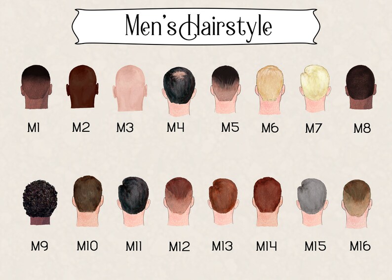 May include: A chart showing 16 different men's hairstyles, labeled M1 through M16.
