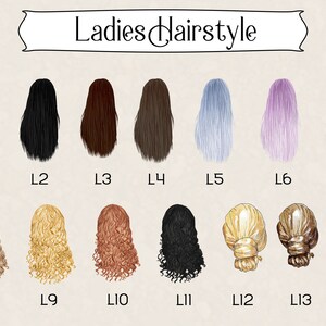 May include: A chart showing 14 different hairstyles for women. The hairstyles are labeled L1 through L14. The hairstyles include straight, wavy, curly, and braided styles.