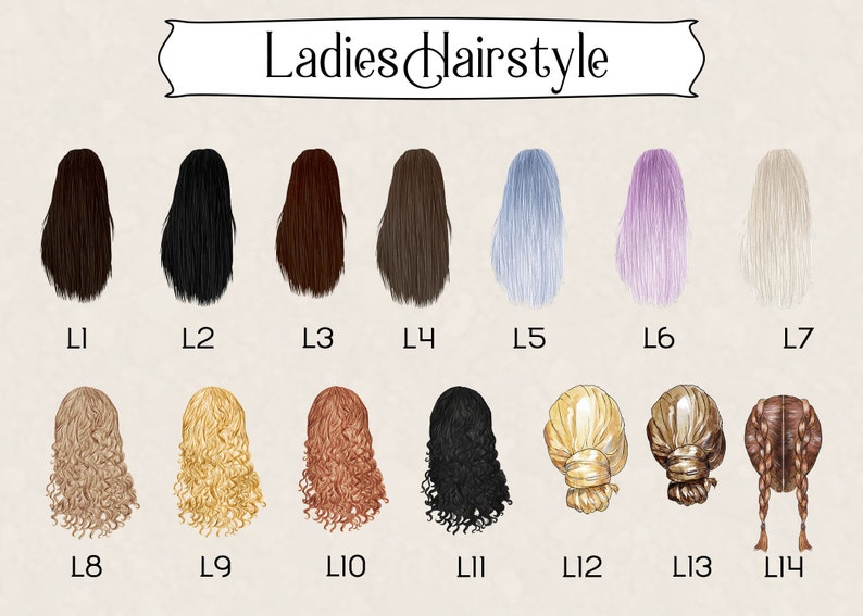 May include: A chart showing 14 different hairstyles for women. The hairstyles are labeled L1 through L14. The hairstyles include straight, wavy, curly, and braided styles.