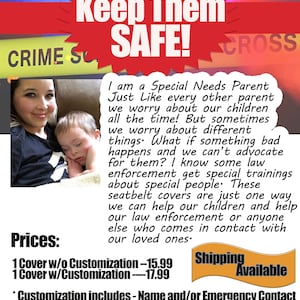May include: A colorful graphic with the text "Keep Them SAFE!" in a red starburst shape. The text "CRIME STOPS HERE" is visible in the background. The graphic also includes a photo of a mother and child, along with text about special needs parents and seatbelt covers. The text reads: "I am a Special Needs Parent Just Like every other parent we worry about our children all the time! But sometimes we worry about different things. What if something bad happens and we can't advocate for them? I know some law enforcement get special trainings about special people. These seatbelt covers are just one way we can help our children and help our law enforcement or anyone else who comes in contact with our loved ones."