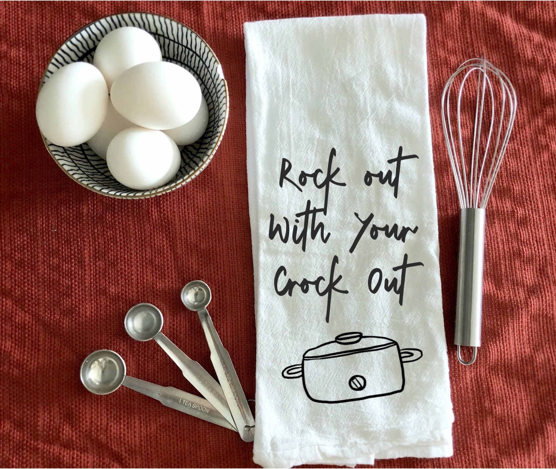 House Warming Gift, Flour Sack Towel, Tea Towel,Rock Out With Your Crock Out,Funny Kitchen Towel,Kitchen Towel,Kitchen Decor,Wedding Gift.