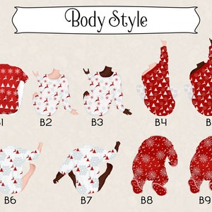 May include: Nine different body styles for a customizable Christmas family portrait. Each body style is wearing a red and white Christmas sweater with a snowflake and tree pattern.