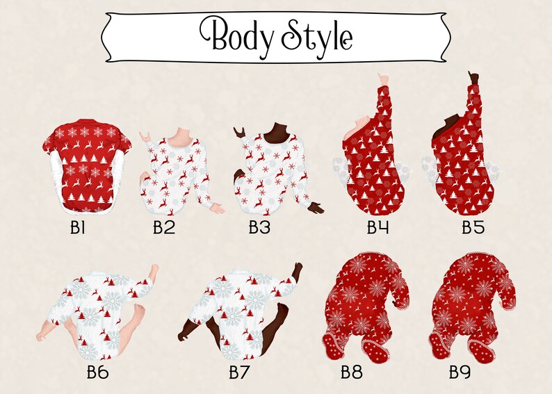 May include: Nine different body styles for a customizable Christmas family portrait. Each body style is wearing a red and white Christmas sweater with a snowflake and tree pattern.