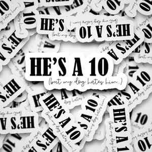 Puede incluir: Pegatinas blancas con la frase "HE'S A 10 (but my dog hates him...)" en negrita y en negro. Las pegatinas están dispersas sobre una superficie blanca, creando un diseño juguetón y humorístico.