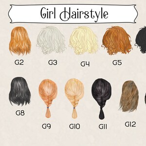 May include: A chart with 13 different hairstyles for girls, labeled G1 through G13. The hairstyles are drawn in a cartoon style and are all different colors.