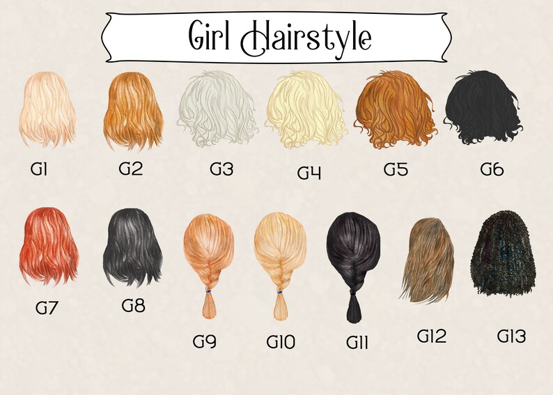 May include: A chart with 13 different hairstyles for girls, labeled G1 through G13. The hairstyles are drawn in a cartoon style and are all different colors.
