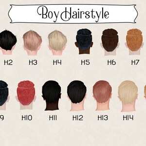 May include: A chart with 15 different hairstyles for boys. Each hairstyle is shown from the back of the head. The hairstyles are numbered H1 through H15.