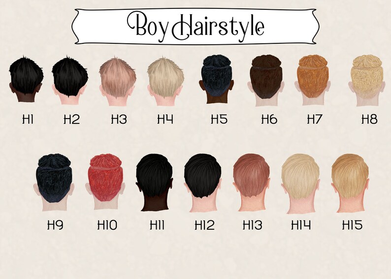 May include: A chart with 15 different hairstyles for boys. Each hairstyle is shown from the back of the head. The hairstyles are numbered H1 through H15.