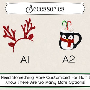 May include: Two Christmas themed accessories. The first is a red glitter reindeer headband. The second is a white mug shaped like a penguin with a red scarf and candy canes on top. The text "Al" and "A2" are below each image.