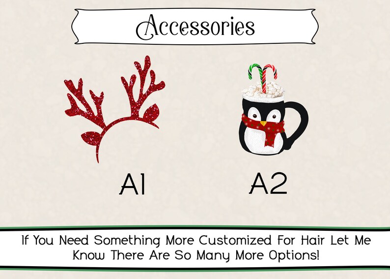 May include: Two Christmas themed accessories. The first is a red glitter reindeer headband. The second is a white mug shaped like a penguin with a red scarf and candy canes on top. The text "Al" and "A2" are below each image.