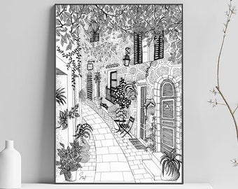 Mougins art print, south of France, village, Alpes-Maritimes, print drawing