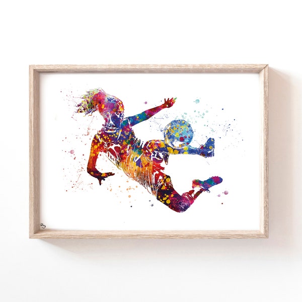 Footballeuse art, illustration foot féminin, sport art print, aquarelle football, décoration murale chambre [Numéro 323]