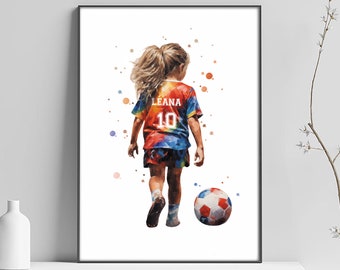 Personalized football child girl first and number poster, football illustration, sport art print, personalized gift idea