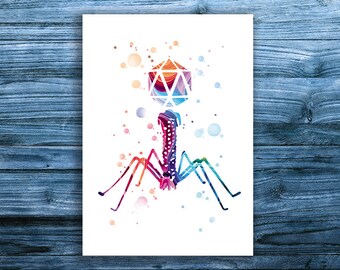 Bacteriophage poster drawing, biology art diagram, science, researcher gift, anatomy illustration, medical wall decoration, phages