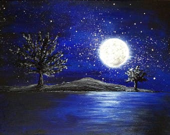 Night landscape canvas phosphorescent Moon reflection on Lake landscape