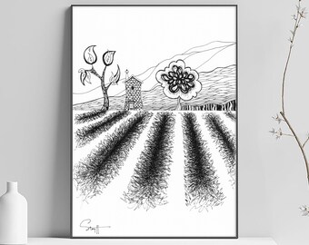 Provence art print, south of France, countryside, lavender field, Alpes-Maritimes, print drawing