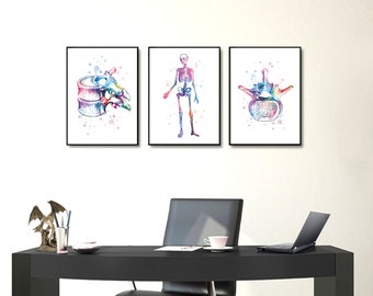 Lot of posters, physiotherapy, osteopath, foot, hand, spine, bone, skeleton, medicine, clinic decoration