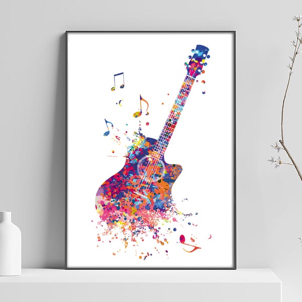 Guitare multicolore avec notes, Format A4 21x29,7 cm,  poster musique, décoration murale, déco chambre, salon déco, guitare