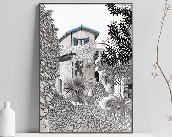 Art print Haut De Cagnes, village, Alpes-Maritimes, drawing print