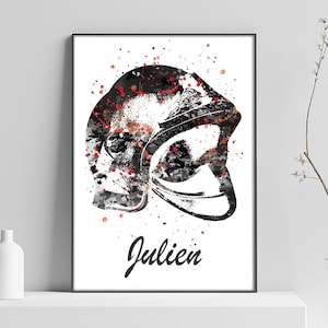 Poster del casco del pompiere, regalo con il nome, bianco e nero, personalizzazione, soldato del fuoco, regalo personalizzabile