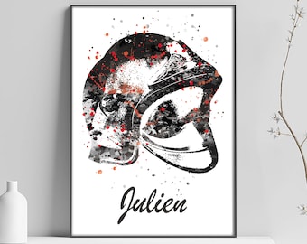 Affiche casque sapeur pompier, cadeau prénom, noir et blanc, personnalisation, soldat feu, cadeau personnalisable