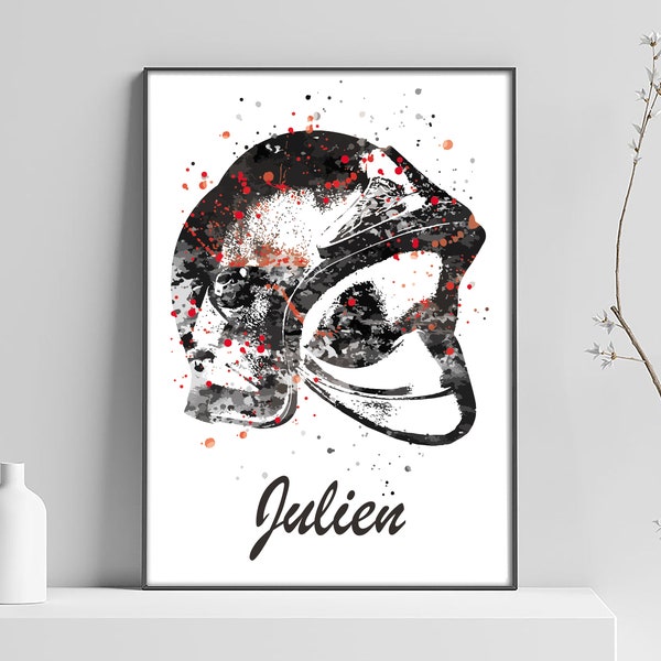 Affiche casque sapeur pompier, cadeau prénom, noir et blanc, personnalisation, soldat feu, cadeau personnalisable