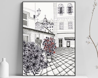 Art print, city of Nice, Cours Saleya, old town, south of France, Alpes-Maritimes, drawing print