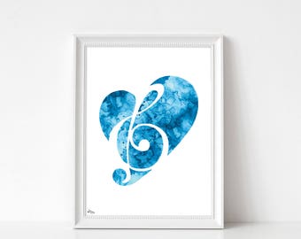 Musique illustration, poster musique, clé de sol affiche, aquarelle musique, cadeau anniversaire, cadeau mariage, décoration murale