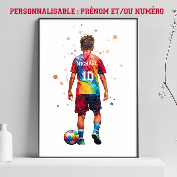 Affiche personnalisation football enfant prénom et numéro, illustration foot, sport art print, idée cadeau personnalisé
