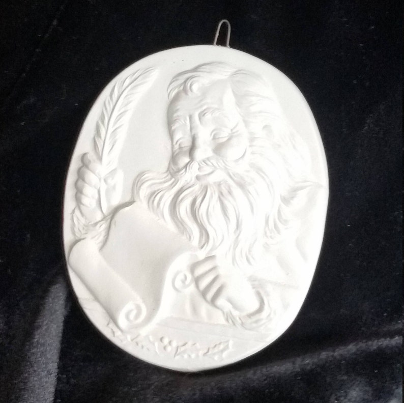 Santa Checking His List Medallion Ornament- Christmas Ornament DIY, Unpainted Ceramic Bisque Ready to Paint