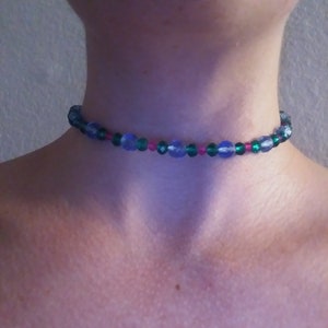 Sky Blue, Teal Green And Fuchsia Pink Beaded Memory Wire Choker Necklace With Security Chain