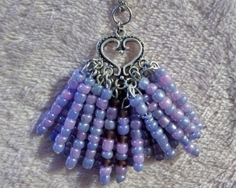 Light Blue And Purple Beaded Fringe Heart Pendant Necklace