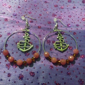 Pink Tourmaline Gemstone And Brown Glass Beaded Anchor Charm Hoop Earrings