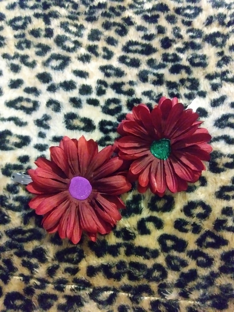 Set Of 2 Large Burgundy Flower French Barrette Hair Clips With Fuchsia Pink And Emerald Green Glitter Centers