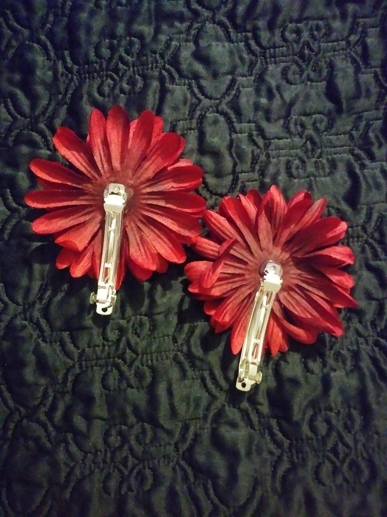 Set Of 2 Large Burgundy Flower French Barrette Hair Clips With Fuchsia Pink And Emerald Green Glitter Centers