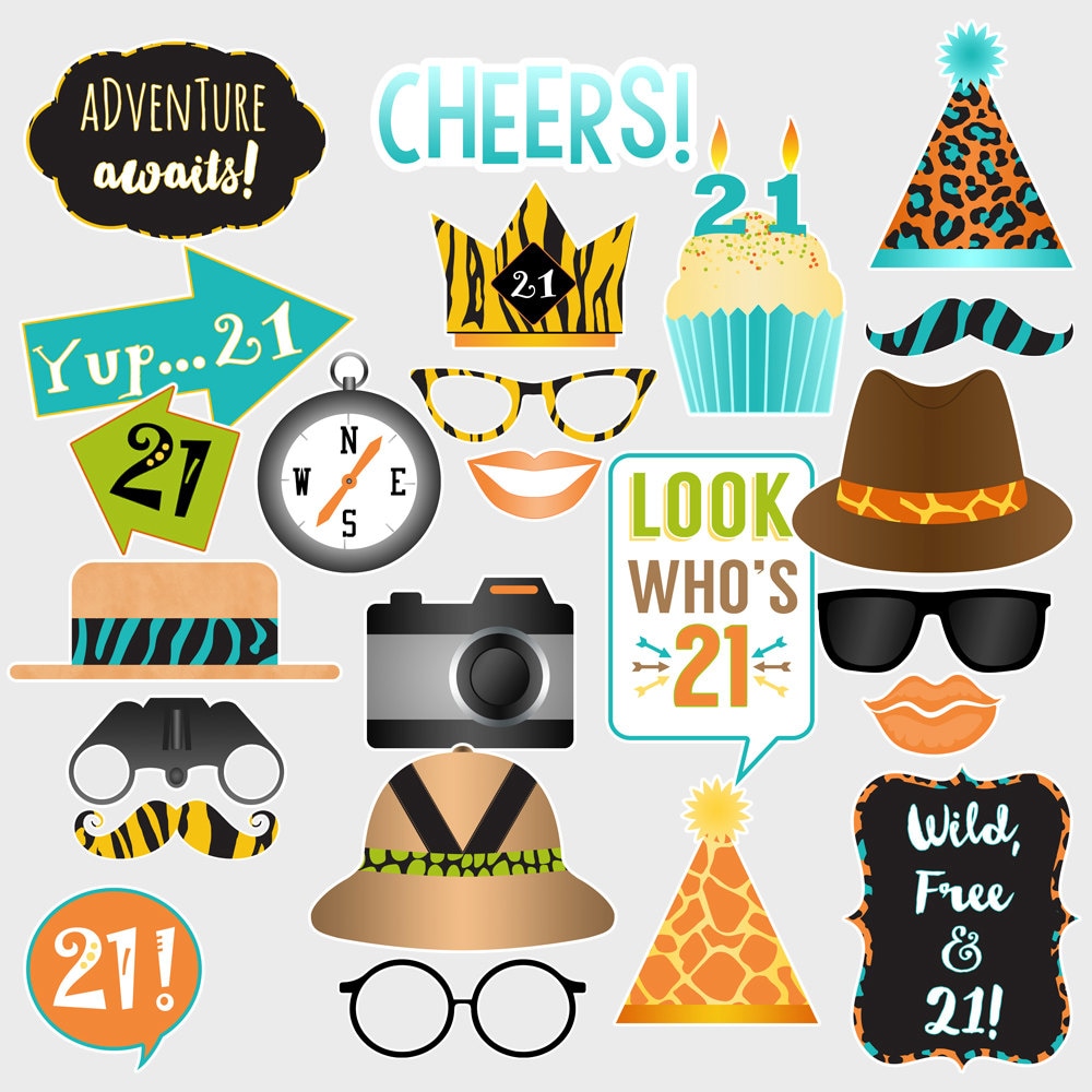 Printable Birthday Photo Booth Props 21st Birthday Party Props Wild Animal Prints Adventure Awaits Theme Instant Download 110