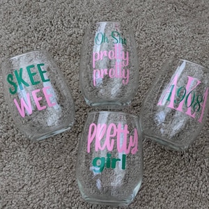 Pink and Green stemless wine glass/Probate gift/Custom wine glass/Greek Wine glass/AKA wine glass/Pretty girl