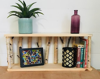 Personalized Birch Branch & Pine Shelf, Nature-Inspired Birch Wall Decor