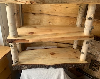 Personalized Birch Pole & Live Edge Pine Shelf, Rustic Bathroom Cottage Decor