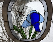 Home decor, handmade home decor, suncatcher, glass home decor, Iris flower, dragonfly stained glass, sun catcher