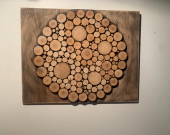 Handcrafted Wood Slice Mosaic Wall Art – Unique Natural Wood Decor, Rustic Home Accent, Organic Design for Living Room or Office