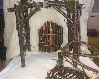 Conjunto de jardín de hadas, muebles de hadas en miniatura, banco, columpio, escalera, cenador, puerta