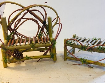 Miniature fairy bench and table, fairy furniture, fairy garden, willow miniature bench set, garden decor