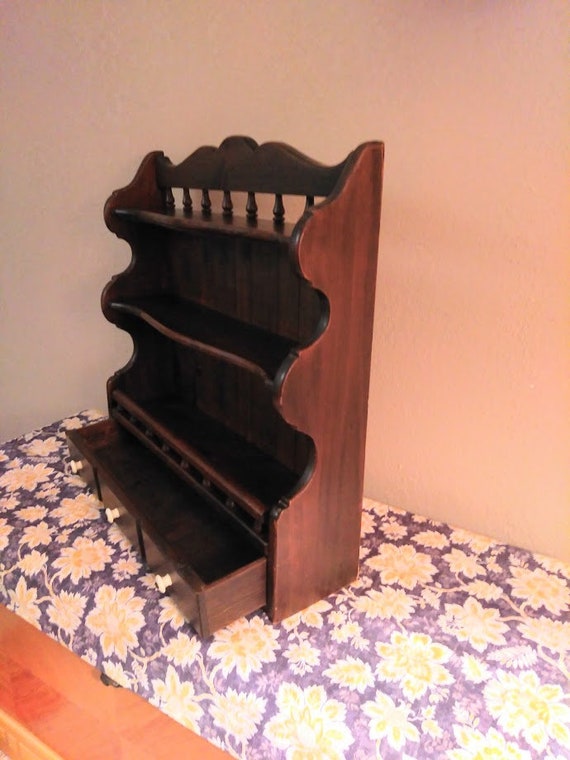 Vintage Wood Wall Display Shelf With Drawer Solid Knick