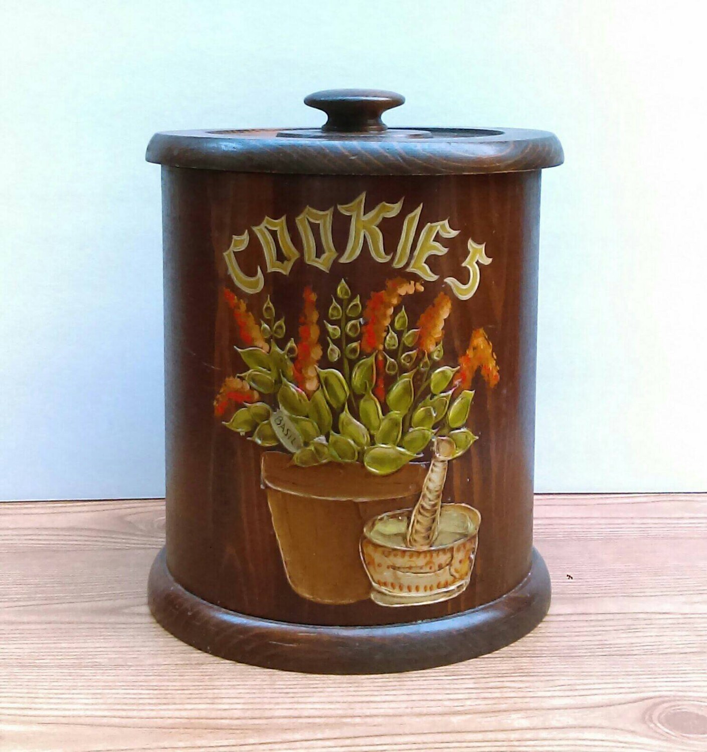 Vintage Wood Cookie Jar with Basil Plant and Mortar and Pestle Etsy