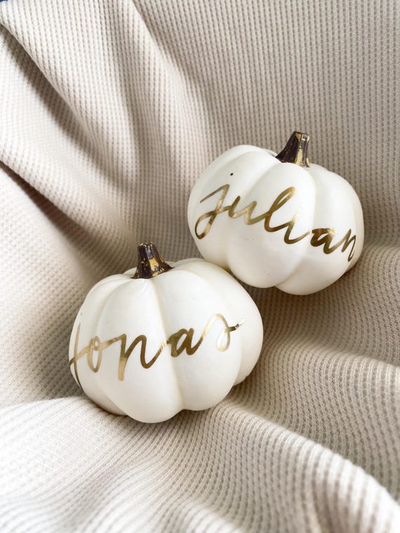 Personalized Pumpkin place cards, Thanksgiving table decor, white pumpkin table setting fall centerpiece, personalized pumpkins